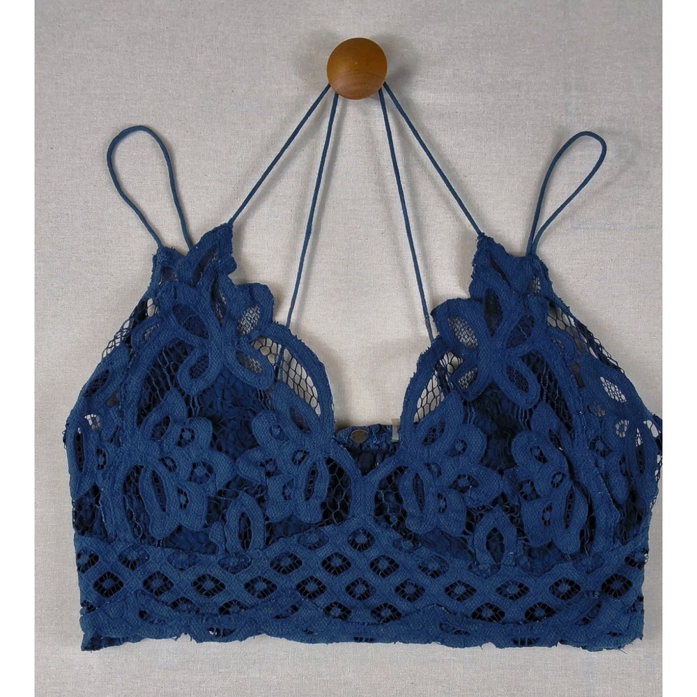Free People Adella Navy Blue Crochet Lace Bralette Crisscross Back Size Large